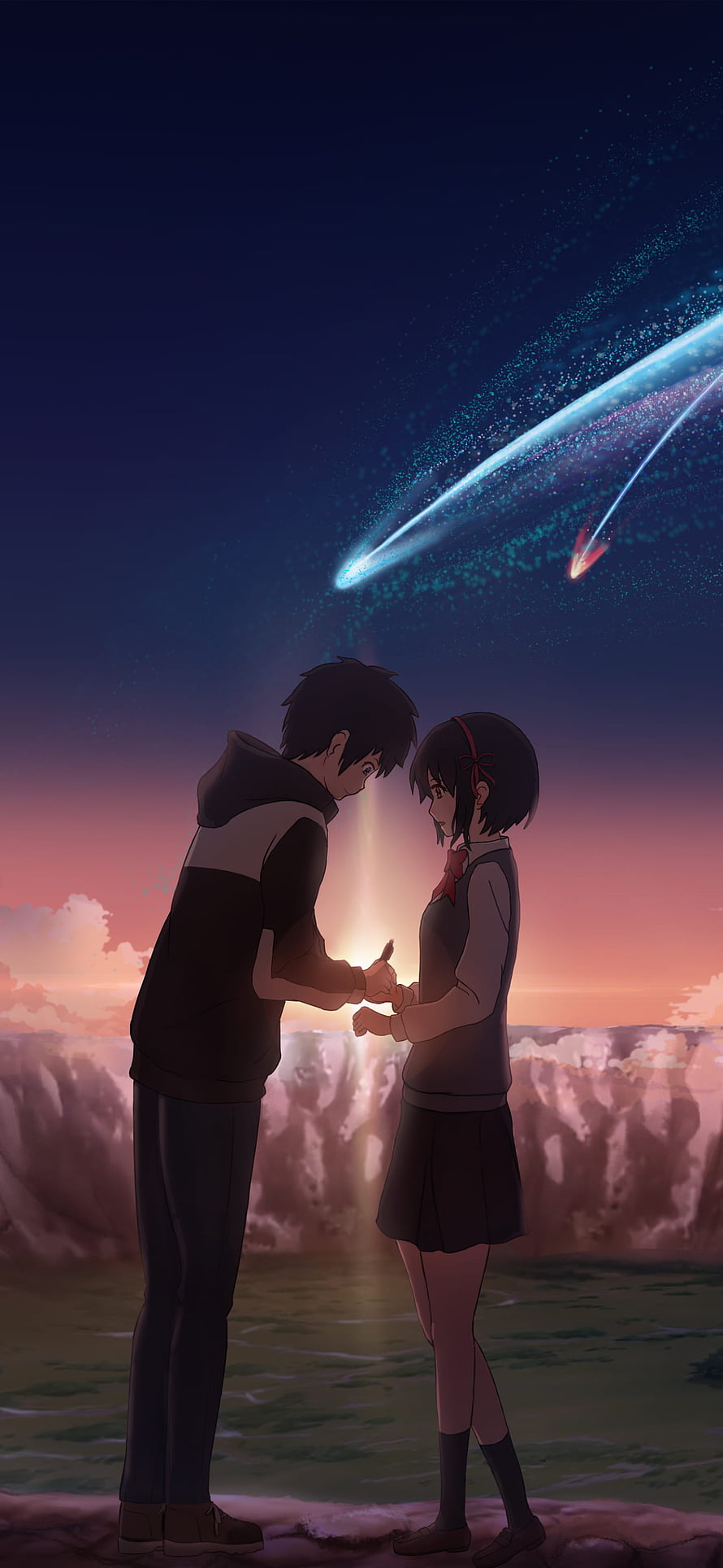 Your Name Anime Taki and Mitsuha Holding Hands Under Comet Tiamat HD phone wallpaper