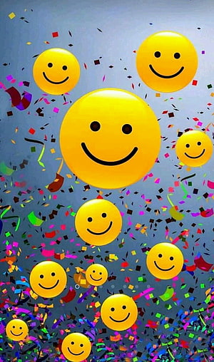 Festive Yellow Smiley Faces Floating Amidst Colorful Confetti on a Blue Background HD phone wallpaper