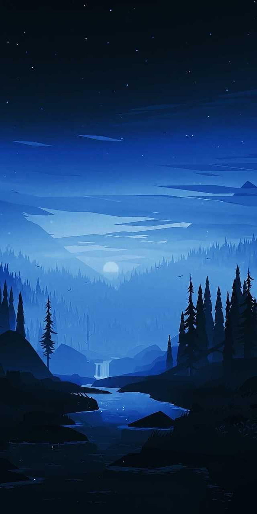 Serene Midnight Forest Landscape with Moonlit River and Distant Waterfall HD phone wallpaper