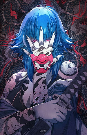 Blue-haired anime character wearing a traditional Japanese Hannya mask with dragon background HD phone wallpaper