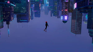 Miles Morales swinging through a neon-lit futuristic cityscape in Spider-Verse style HD wallpaper