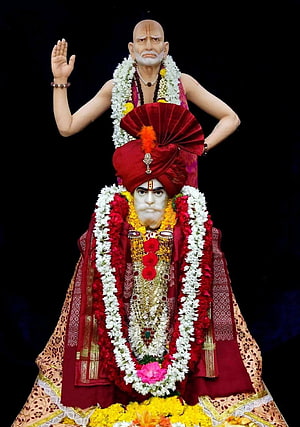 Traditional Indian Priest Performing Rituals with Decorated Deity Statue HD phone wallpaper