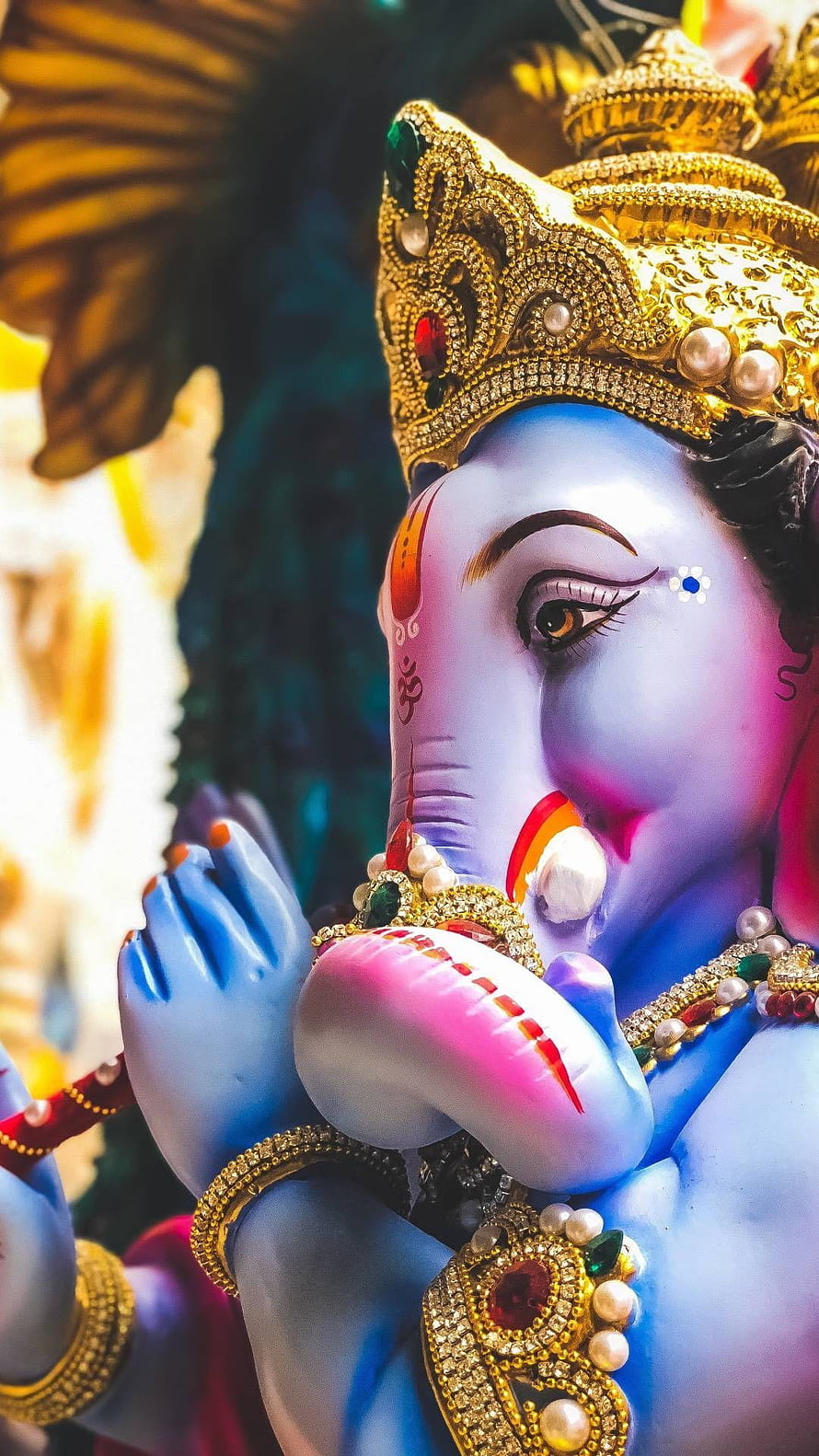 Ganesha Devotional Portrait with Ornate Gold Crown and Jewelry HD phone wallpaper