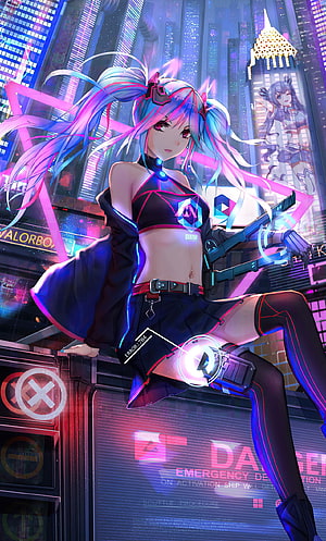 Cyberpunk Anime Girl with Neon Hair in Futuristic City HD phone wallpaper