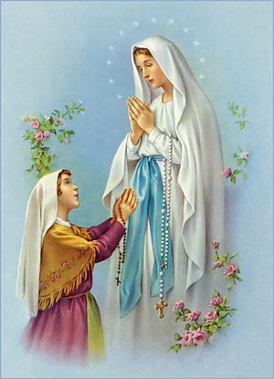 Our Lady of Lourdes Praying with a Young Girl and Rosary Beads HD phone wallpaper