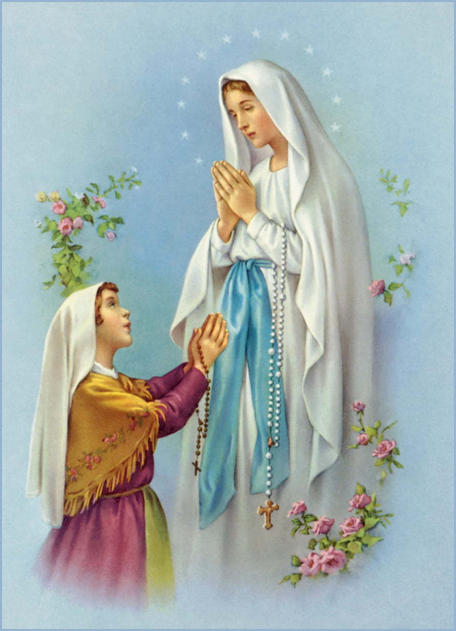 Our Lady of Lourdes Praying with a Young Girl and Rosary Beads HD phone wallpaper
