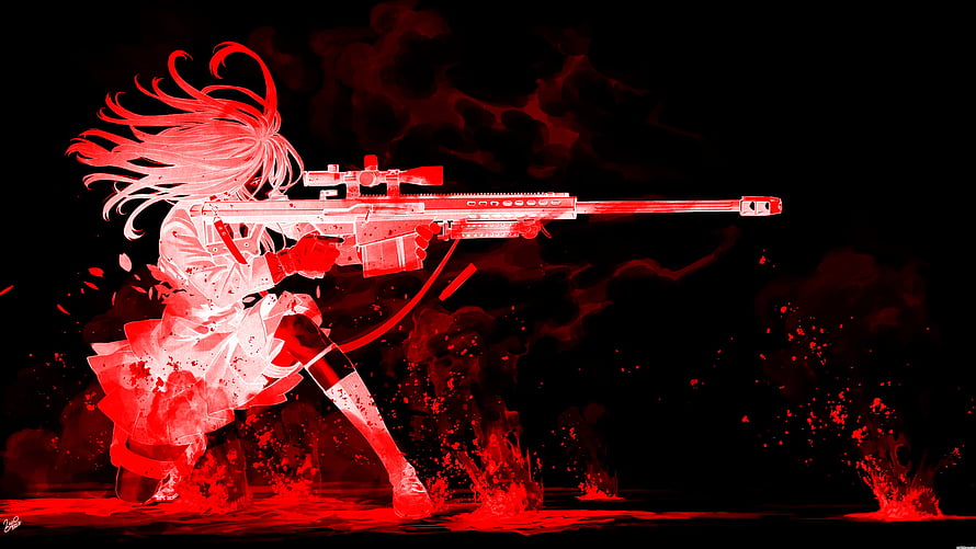 Anime Girl Sniper With Red Rifle In Dark Action Scene HD wallpaper
