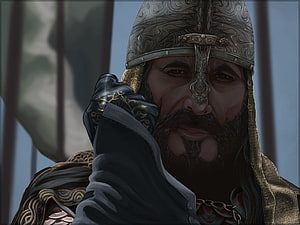 Saladin Portrait in Ornate Crusader Helmet and Chainmail Armor HD wallpaper