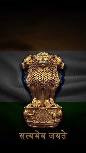 Golden State Emblem of India with Ashoka Chakra and Satyameva Jayate Motto on Flag Background HD phone wallpaper
