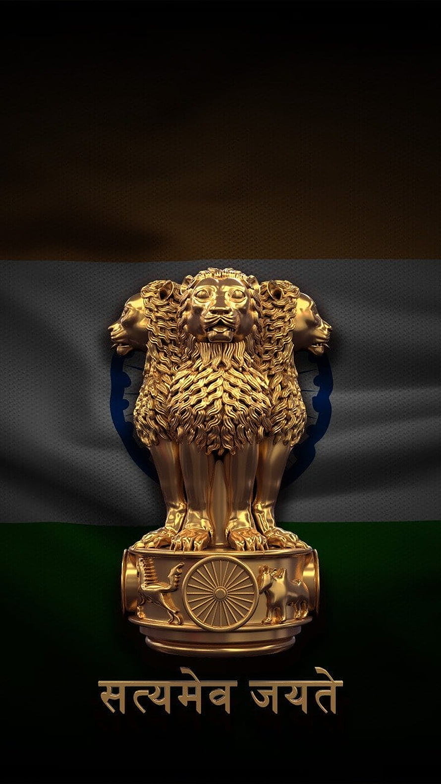 Golden State Emblem of India with Ashoka Chakra and Satyameva Jayate Motto on Flag Background HD phone wallpaper