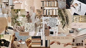 Beige Aesthetic Collage Featuring Books, Art, Nature, and Vintage Elements HD wallpaper