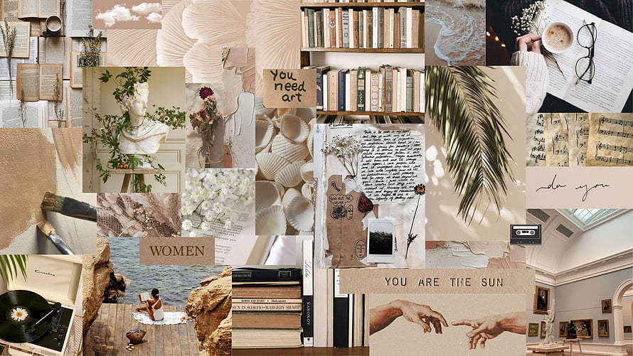 Beige Aesthetic Collage Featuring Books, Art, Nature, and Vintage Elements HD wallpaper
