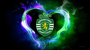 Sporting CP crest framed by a glowing heart of neon green and purple smoke on a dark background HD wallpaper