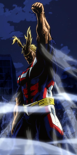 All Might from My Hero Raising Fist in Hero Costume Anime Wallpaper HD phone wallpaper