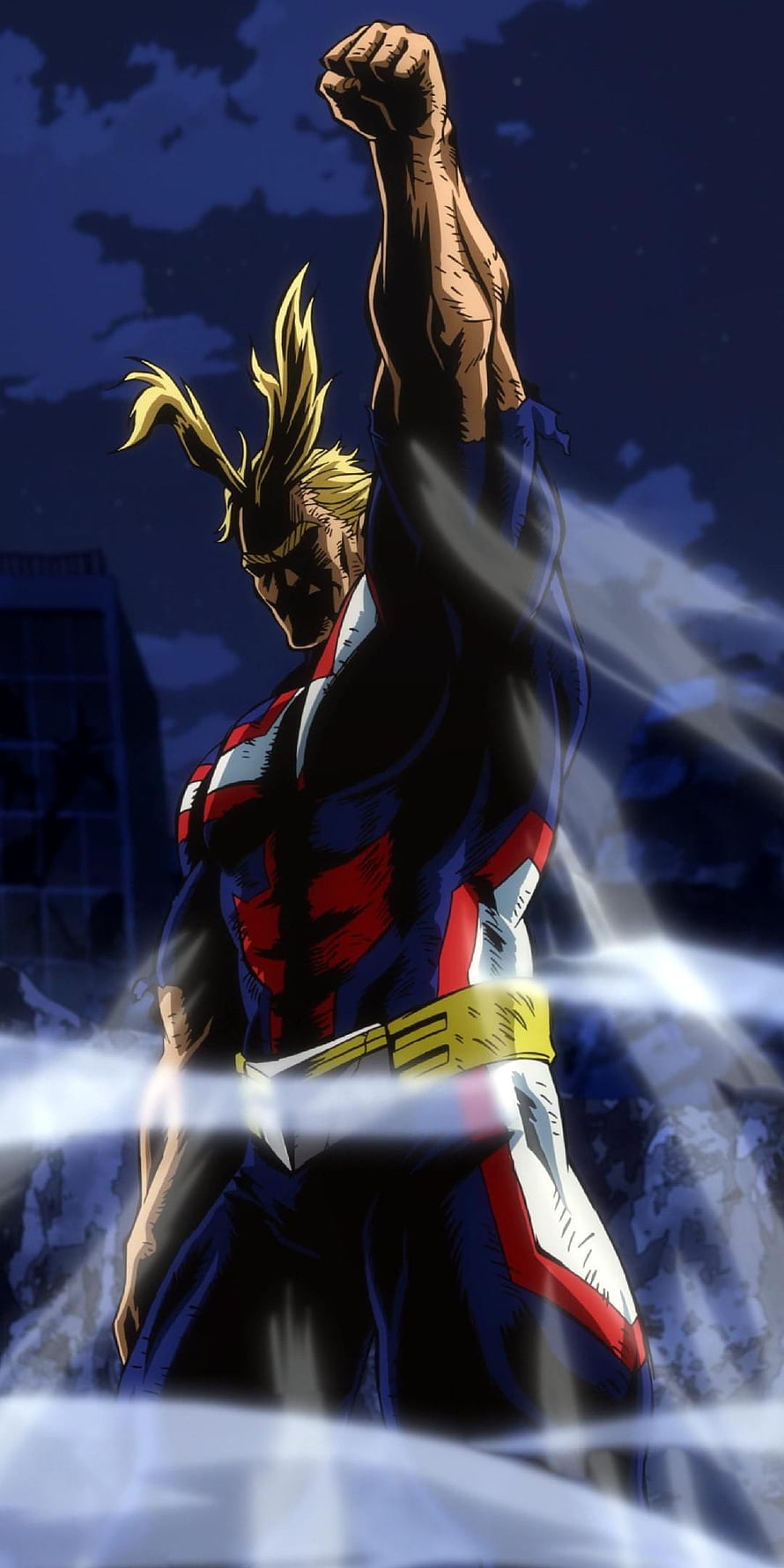 All Might from My Hero Raising Fist in Hero Costume Anime Wallpaper HD phone wallpaper