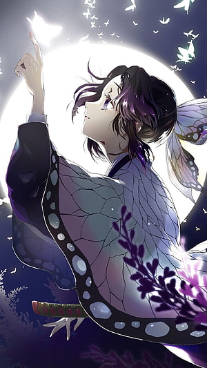 Shinobu Kocho from Demon Slayer reaching for glowing butterflies against a full moon HD phone wallpaper