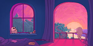 Cozy Bedroom Interior With Two Characters Watching A Pink Sunset Over Mountains And Ocean HD wallpaper