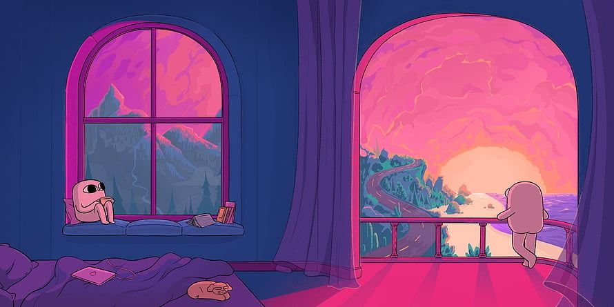 Cozy Bedroom Interior With Two Characters Watching A Pink Sunset Over Mountains And Ocean HD wallpaper
