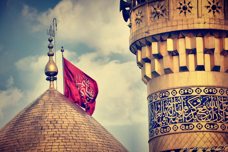 Golden Mosque Dome and Minaret with Red Flag Against Cloudy Sky HD wallpaper