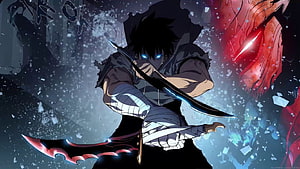 Solo Leveling Sung Jinwoo wielding dual swords with glowing blue eyes and red monster background HD wallpaper
