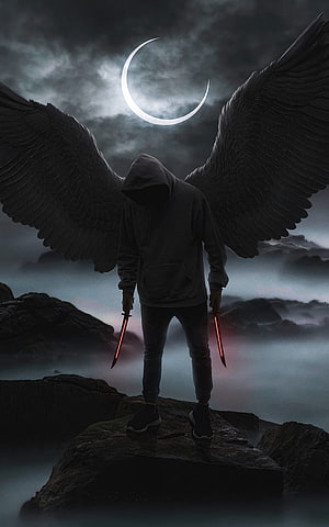 Dark Hooded Figure With Black Wings And Glowing Red Blades On Rocky Cliff Under Crescent Moon HD phone wallpaper
