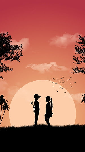 Silhouetted Boy and Girl Holding Flowers Against a Giant Sunset HD phone wallpaper