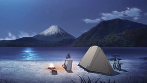 Yuru Camp Anime Scene: Solo Camping by a Lake at Night with Mount Fuji in the Background HD wallpaper