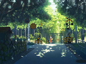 Sunlit Japanese Railway Crossing with Girl in Orange Dress and Shinto Torii Gate HD wallpaper