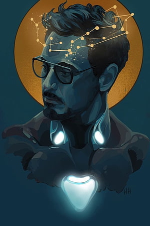 Tony Stark Iron Man Constellation Artwork with Glowing Arc Reactor and Golden Halo Background, tony stark mobile, #Tony Stark HD phone wallpaper