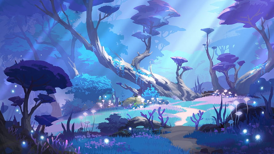 Enchanted Blue Forest With Glowing Mushrooms And Twisted Trees HD wallpaper