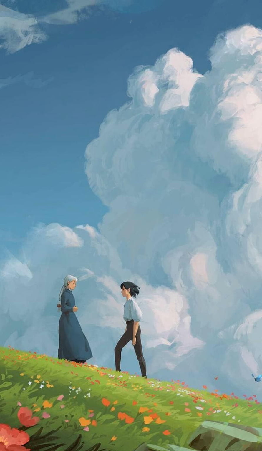 Howl's Moving Castle: Two Characters on a Flowering Hill Under a Vast Cloudy Sky HD phone wallpaper