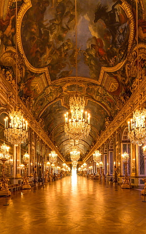 Grand Hall of Mirrors at Versailles Palace with Ornate Chandeliers and Baroque Ceiling Frescoes HD phone wallpaper