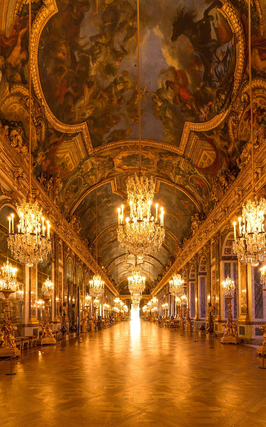 Grand Hall of Mirrors at Versailles Palace with Ornate Chandeliers and Baroque Ceiling Frescoes HD phone wallpaper