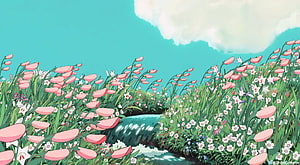 Studio Ghibli Animated Meadow With Pink Flowers And Stream Under Turquoise Sky HD wallpaper