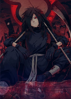 Madara Uchiha sitting in a red battlefield with Susanoo horns and Sharingan eyes HD phone wallpaper