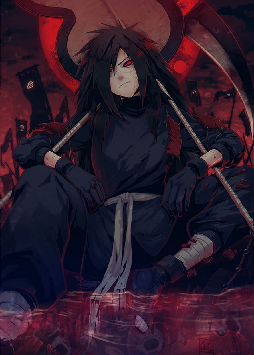 Madara Uchiha sitting in a red battlefield with Susanoo horns and Sharingan eyes HD phone wallpaper