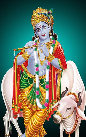 Lord Krishna Playing Flute With White Cow Digital Art Wallpaper HD phone wallpaper