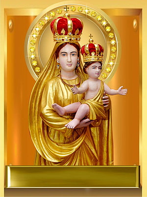 Golden Statue of Our Lady of Velankanni Holding the Christ Child HD phone wallpaper