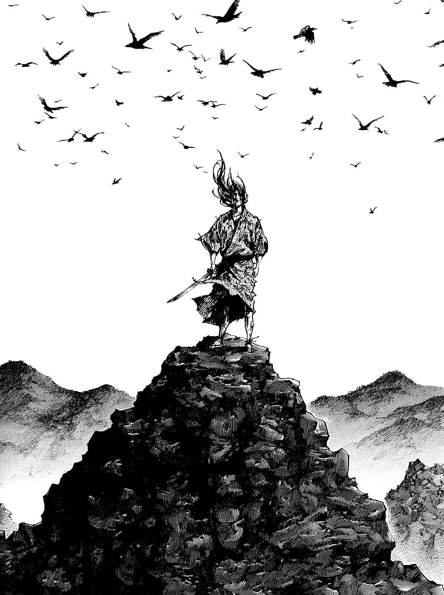 Vagabond manga warrior standing on rocky peak with flock of birds in black and white ink illustration HD phone wallpaper