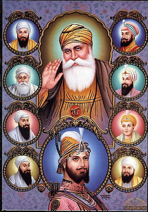 Sikh Gurus and Sahibzade Portrait Illustration with Ornate Frames HD phone wallpaper