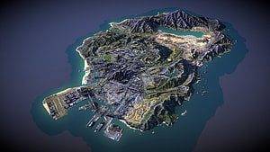 Aerial View of the GTA V Los Santos Map Showing City, Mountains, and Ocean HD wallpaper