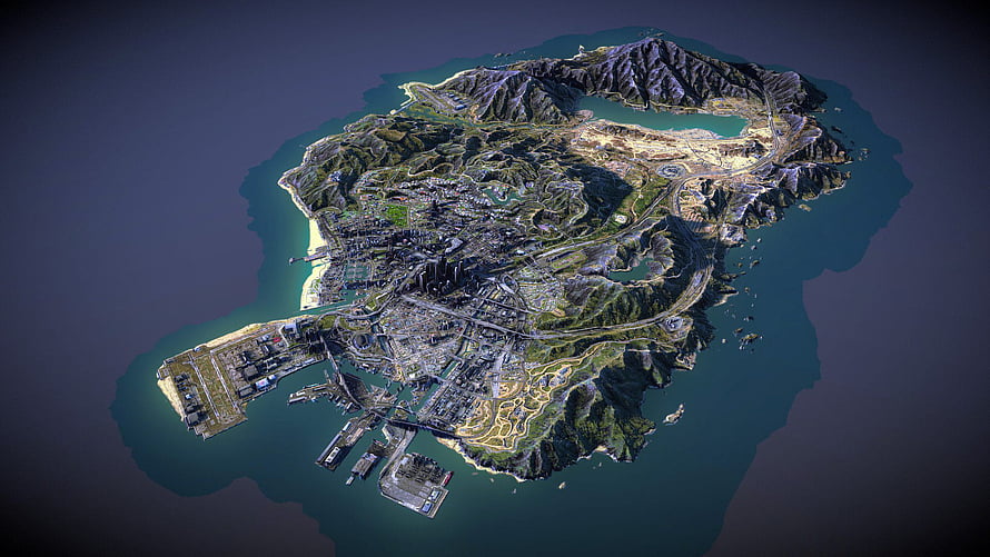 Aerial View of the GTA V Los Santos Map Showing City, Mountains, and Ocean HD wallpaper