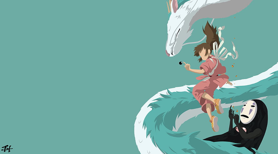 Spirited Away Anime Art Featuring Chihiro, Haku Dragon, and No-Face HD wallpaper