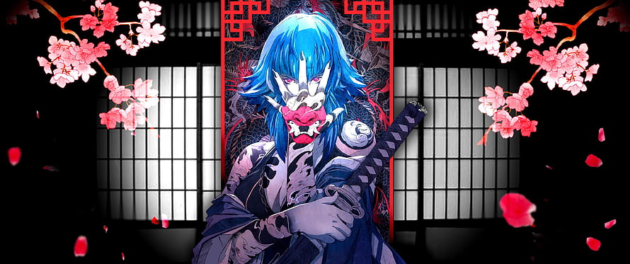 Demon Slayer Kimetsu no Yaiba Gyutaro Blue Hair Masked Demon Anime Wallpaper HD wallpaper