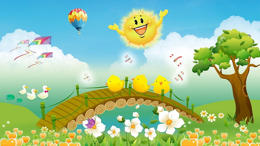 Cheerful Spring Meadow with Smiling Sun, Chicks, and Kites for Kids HD wallpaper