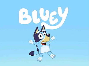 Bluey Heeler Cartoon Character Jumping Joyfully on Light Blue Background HD wallpaper