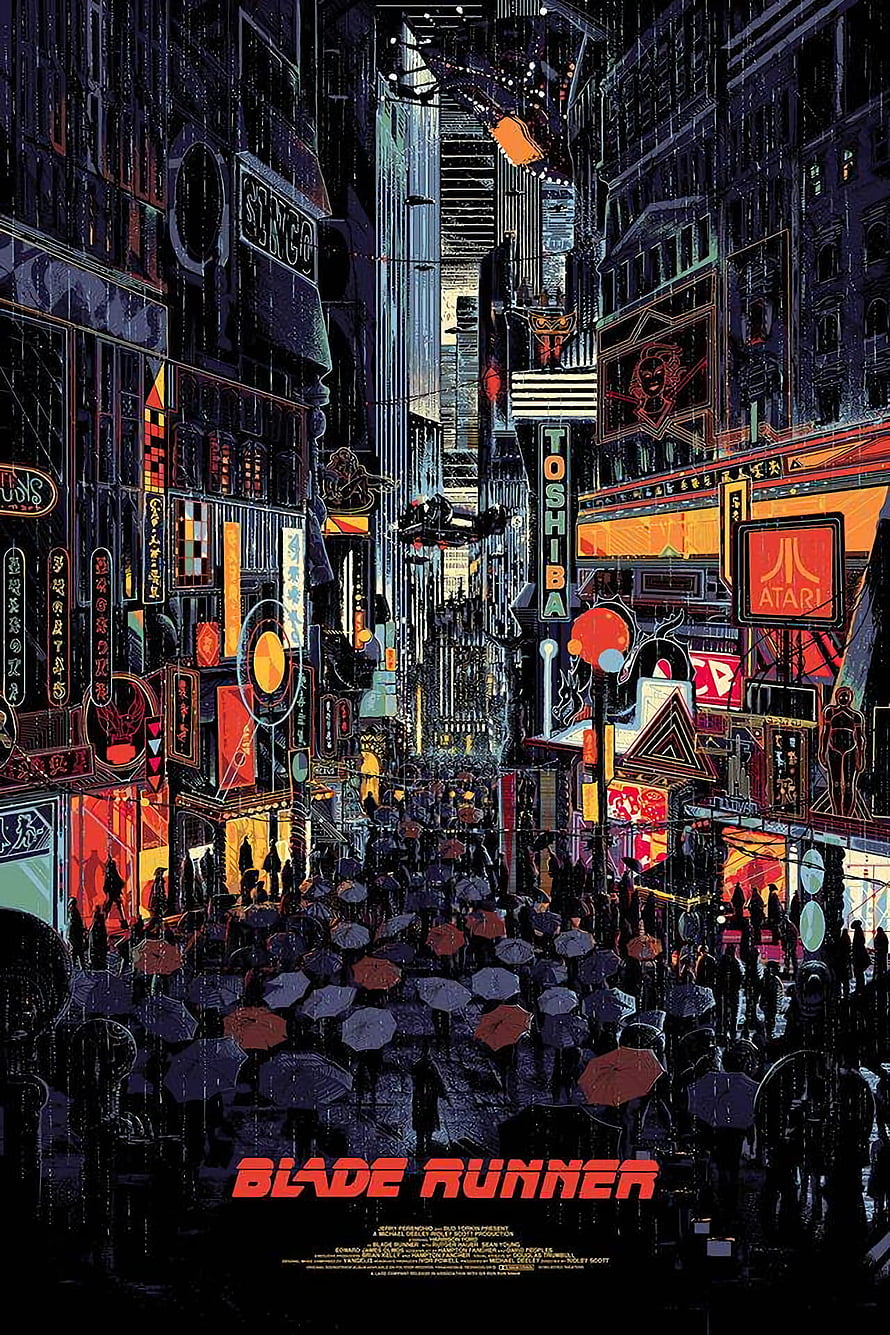 Blade Runner 1982 Cyberpunk Cityscape with Neon Signs and Rainy Street Crowd HD phone wallpaper