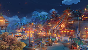 Genshin Impact Lantern Rite Festival Night Market in Liyue Harbor HD wallpaper
