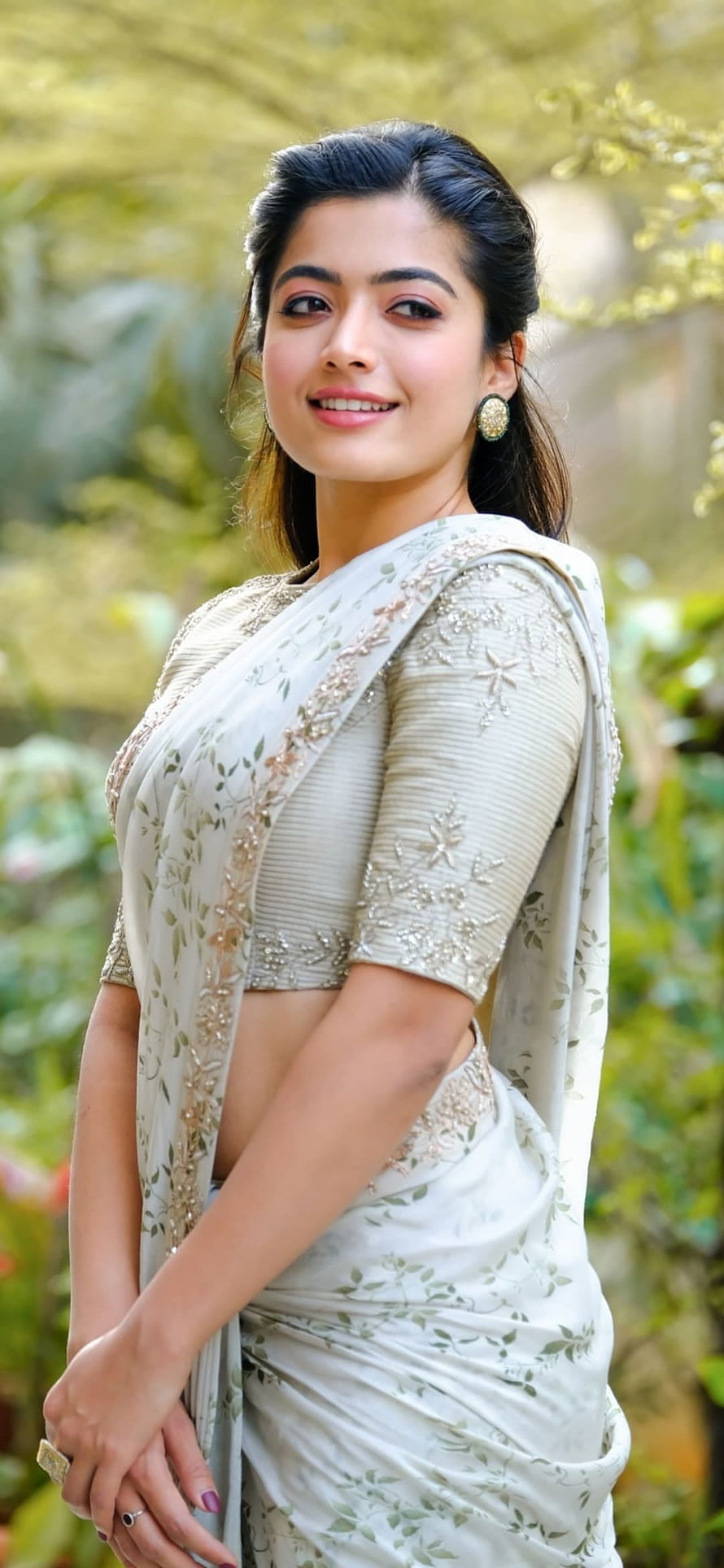 Radhika Pandit in Elegant White Saree with Floral Embroidery and Gold Earrings HD phone wallpaper