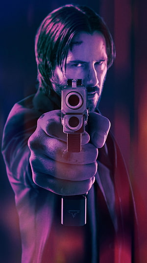 John Wick Aiming Pistol in Neon Purple and Blue Cinematic Lighting HD phone wallpaper